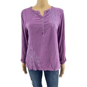 Sonoma (M) Purple Floral Embroidered Roll-Tab Sleeve Henley Tee Shirt